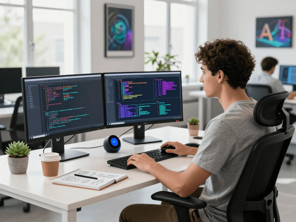 Young software engineer coding AI-driven applications in an innovative workspace, showcasing 18+ ai technology.