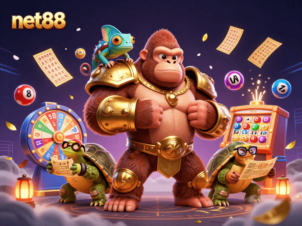 Engage in dynamic lottery action with net88 as colorful lottery elements surround vibrant characters.