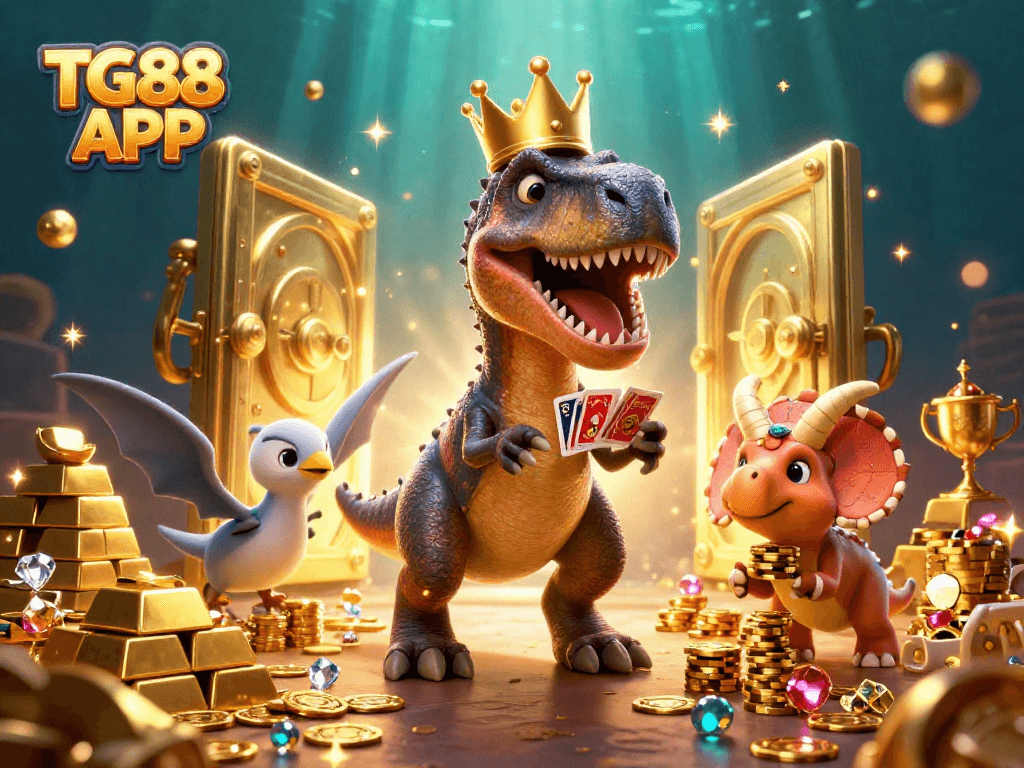 Experience the thrill of gaming with the TG88 APP as a T-Rex shuffles cards and friends pile golden chips.