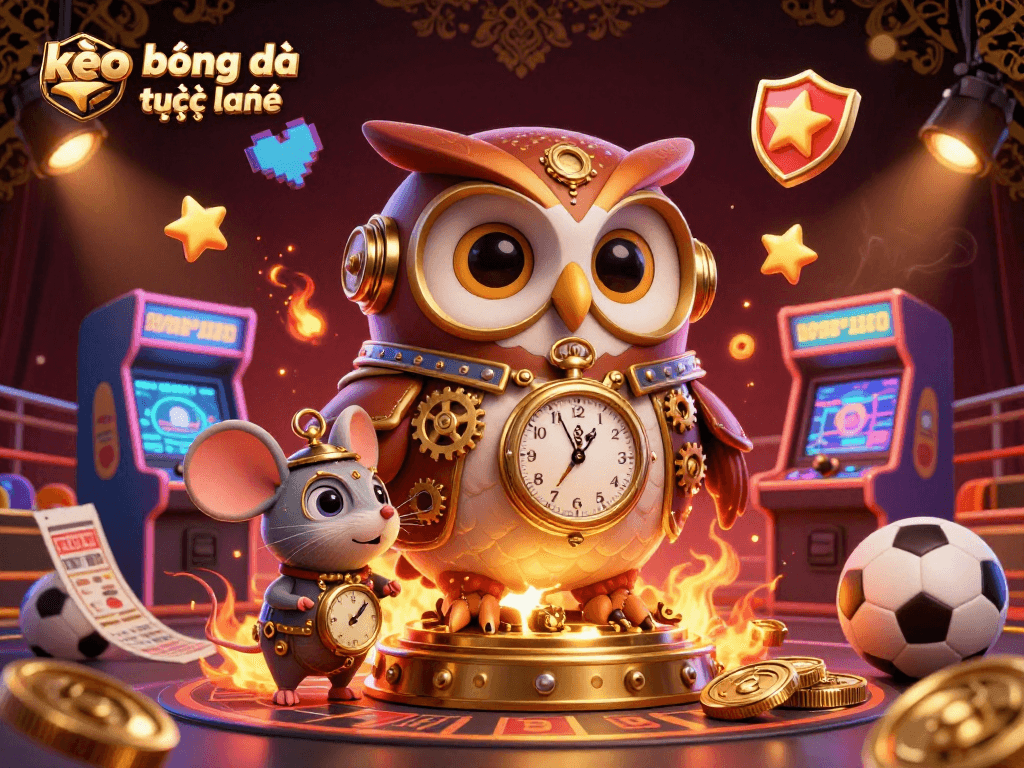 Engage in kèo bóng đá trực tuyến excitement with a lively 3D illustration of an owl and mouse in a sports betting scene.