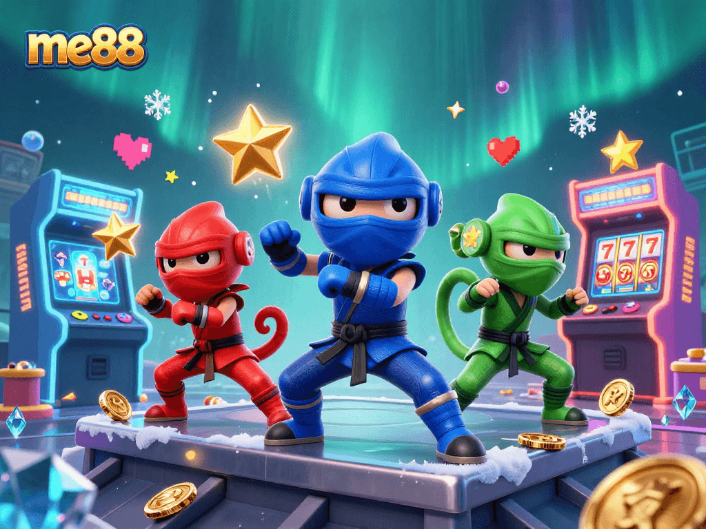 Engage with the vibrant world of me88, featuring ninja chameleons in a dynamic casino-themed action scene.