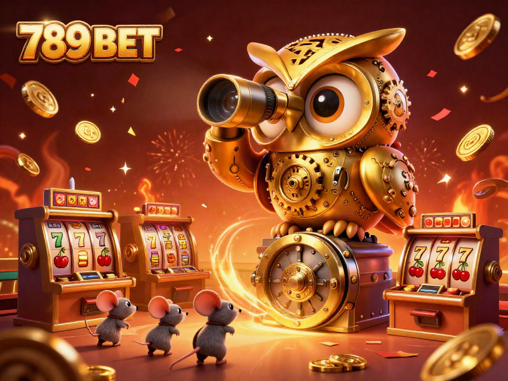 Immerse in the excitement of 789 BET as an owl surveys slot machines amidst vibrant confetti.