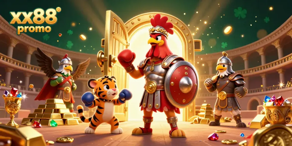 Engage with xx88 promo in a festive casino arena filled with treasures and dynamic characters.