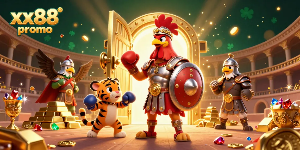 Engage with xx88 promo in a festive casino arena filled with treasures and dynamic characters.