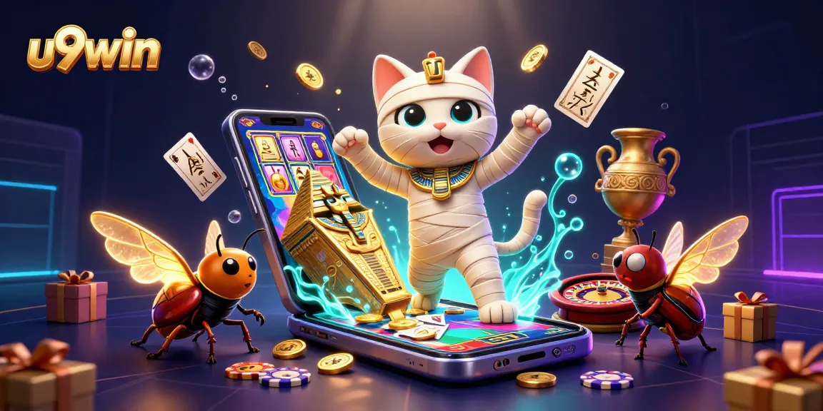 u9win features an energetic Egyptian mummy cat and scarab beetle in a dynamic casino scene.