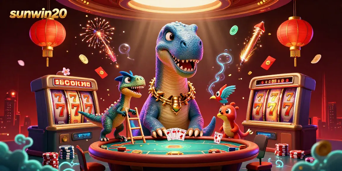 Experience the excitement of sunwin20 with a vibrant 3D casino scene featuring a playful brontosaurus and raptor dealers.