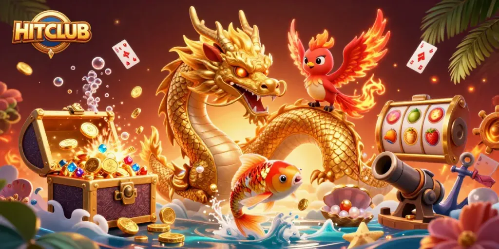 Engage with HITCLUB's thrilling games as a golden dragon and phoenix soar through a cascade of coins.