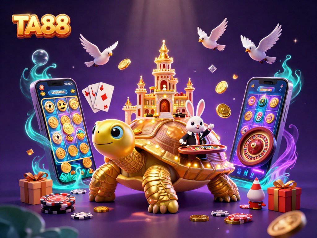 TA88 offers thrilling gameplay with a casino on a giant tortoise shell, featuring card games and golden coins.