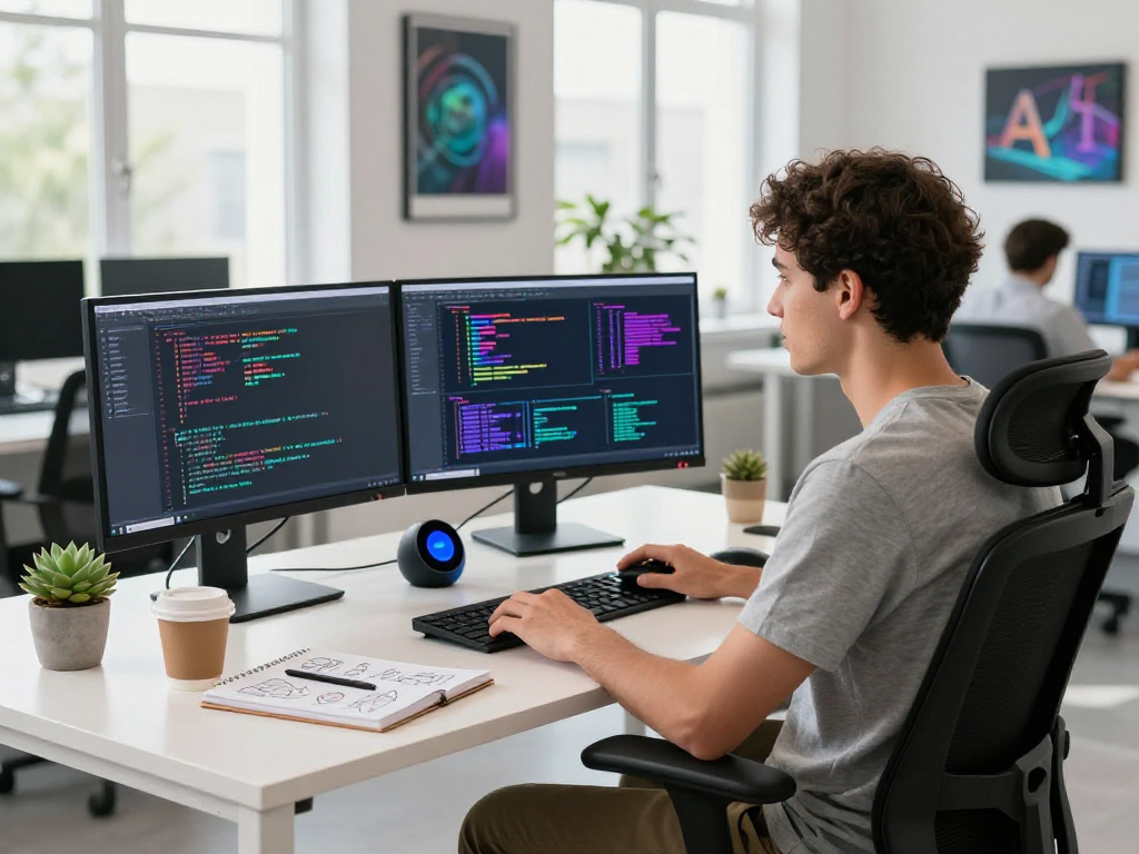 Young software engineer coding AI-driven applications in an innovative workspace, showcasing 18+ ai technology.