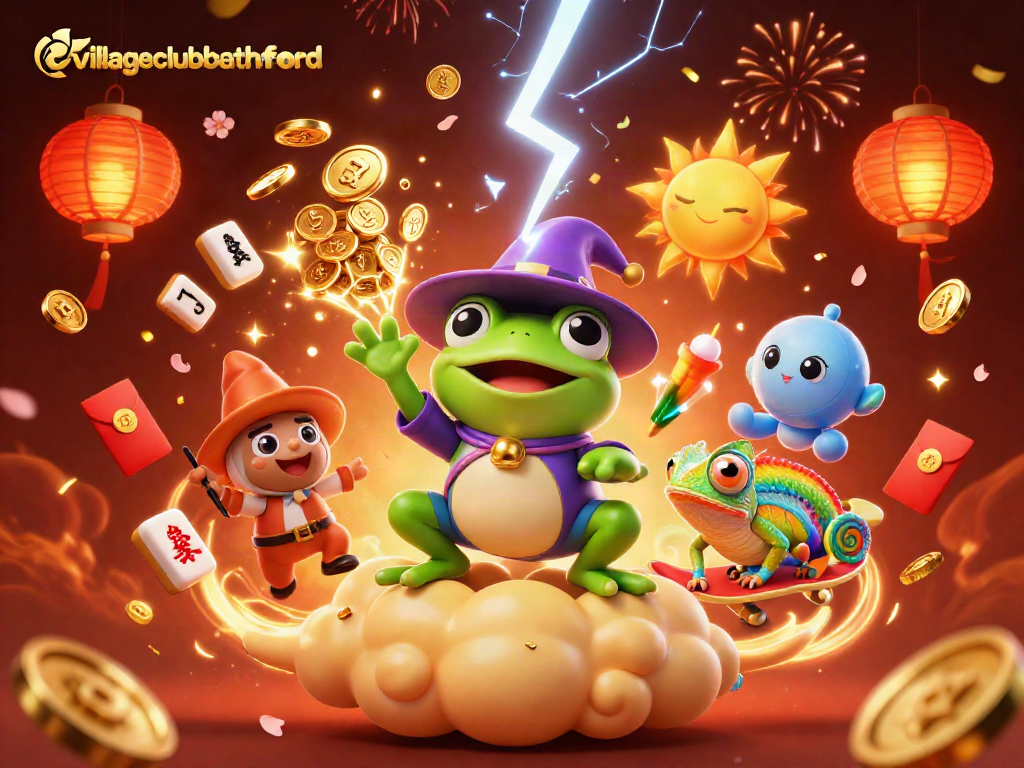 Experience excitement at villageclubbathford with a vibrant, dazzling casino illustration full of festive elements.