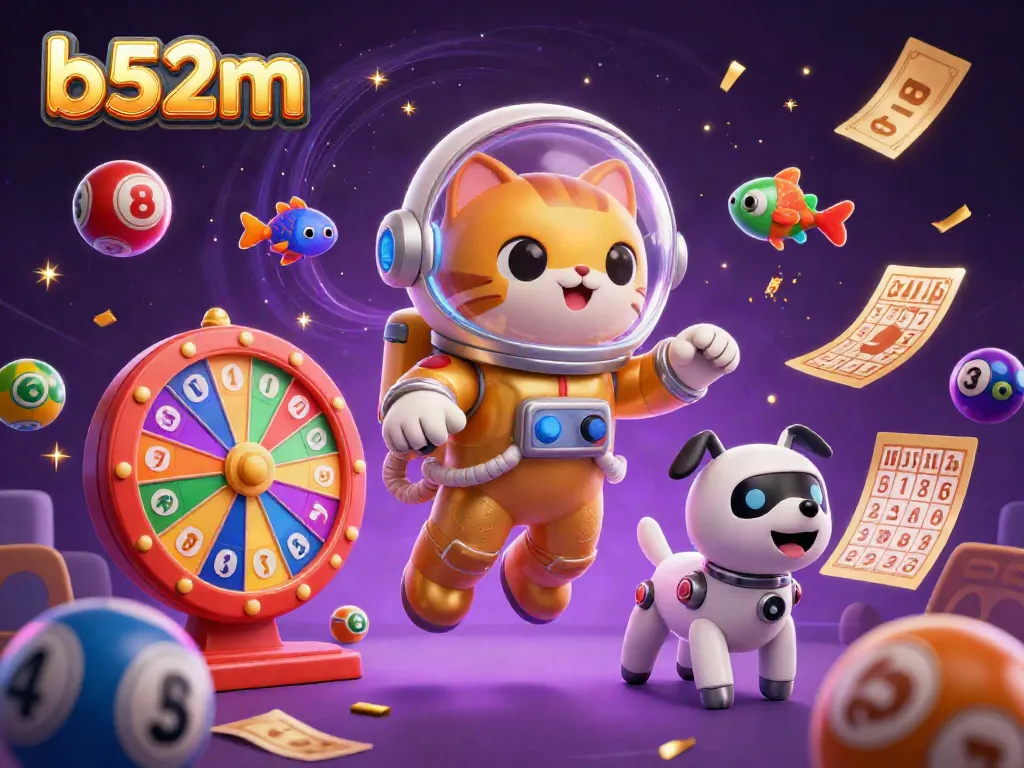 Bet big with b52m as colorful lottery balls and vibrant casino elements surround a cosmic scene.
