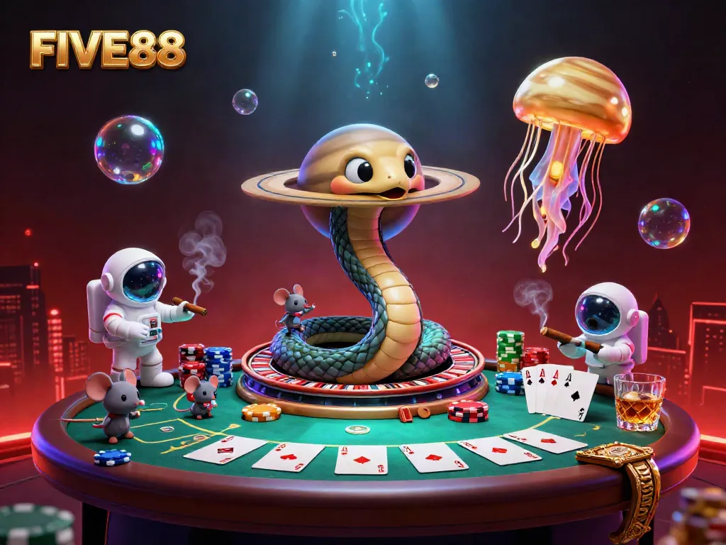 Engage with the casino excitement at FIVE88, featuring astronaut mice betting on a cosmic roulette.