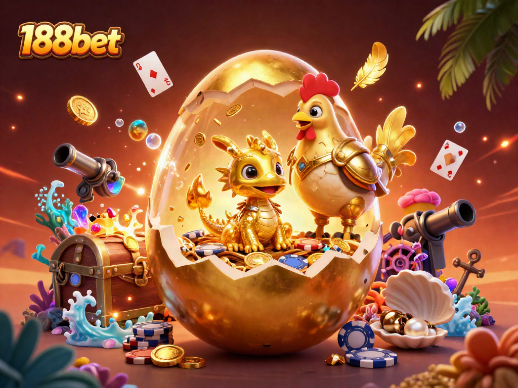 Play thrilling games at 188bet with a golden dragon sitting on poker chips amidst vibrant casino elements.