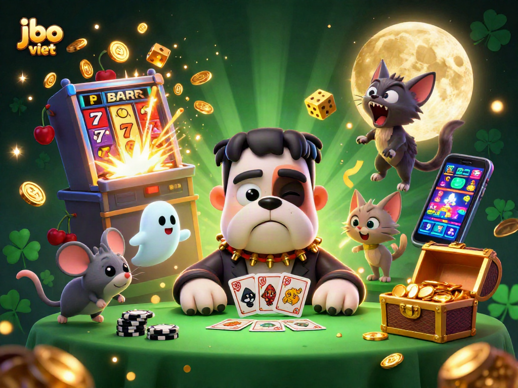 Experience thrilling casino action at jbo viet with a colorful 3D illustration of unique characters and gaming elements.