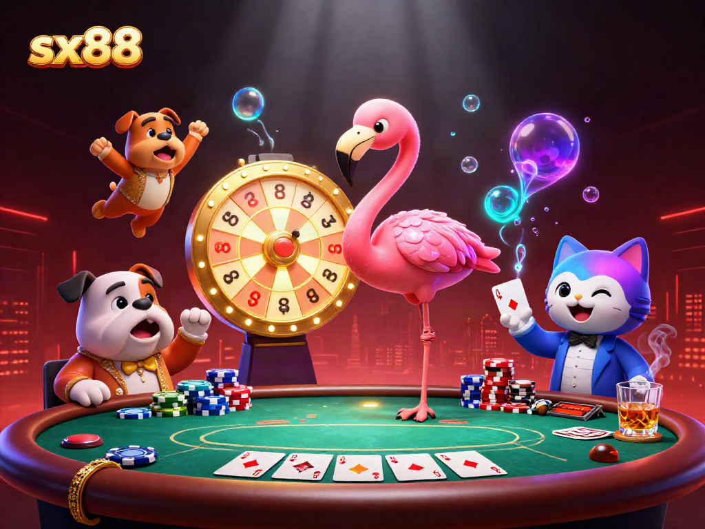 Engage with sx88's thrilling casino experience alongside an animated flamingo host.