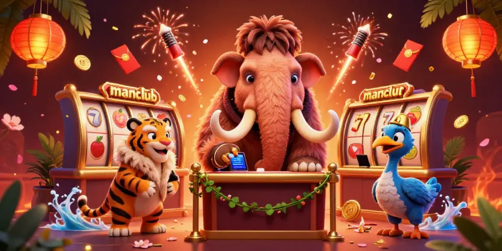 Engage with manclub where the woolly mammoth checks IDs at the casino entrance amidst slot machines and festive decor.