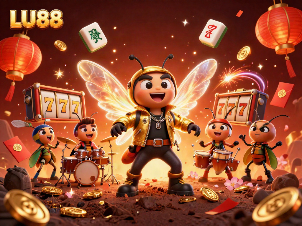 Engage with LU88 slots as a cicada rock star energizes the scene with vibrant casino elements.