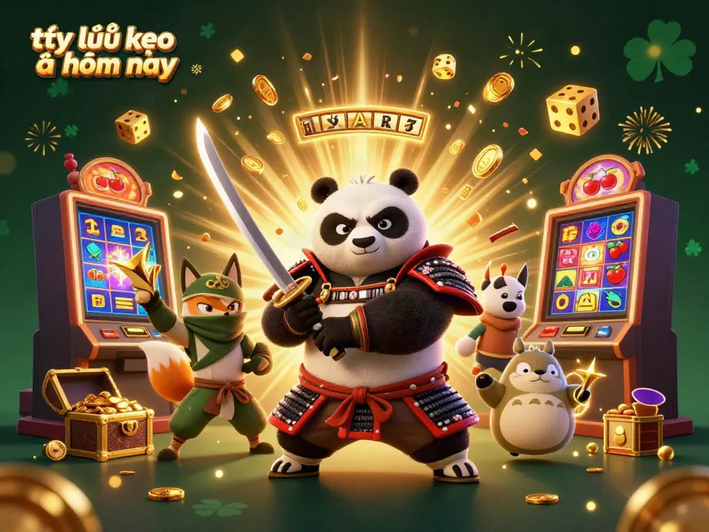 Experience the excitement with tỷ lệ kèo nhà cái hôm nay in this vibrant 3D illustration featuring samurai panda and dynamic casino elements.