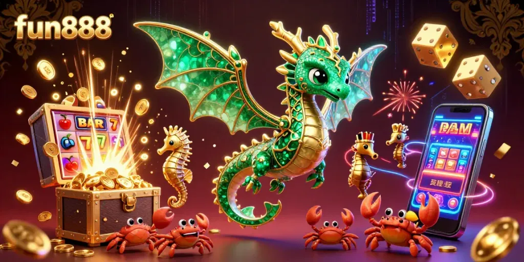 Experience the excitement of fun888 with a vibrant 3D casino illustration featuring a sea dragon and slot machines.