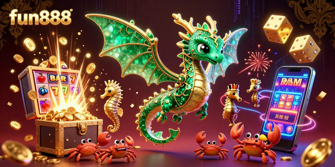 Experience the excitement of fun888 with a vibrant 3D casino illustration featuring a sea dragon and slot machines.
