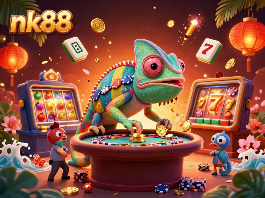 Win big at nk88 with the vibrant chameleon casino owner amidst spinning slot reels and fireworks.