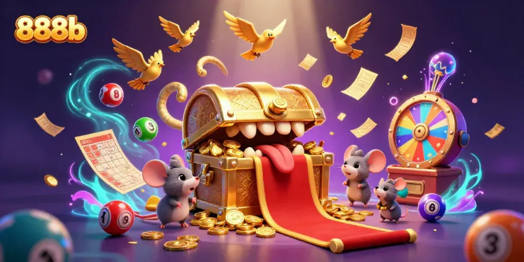 Engage with 888b's vibrant casino world featuring colorful lottery balls and dynamic prize elements.