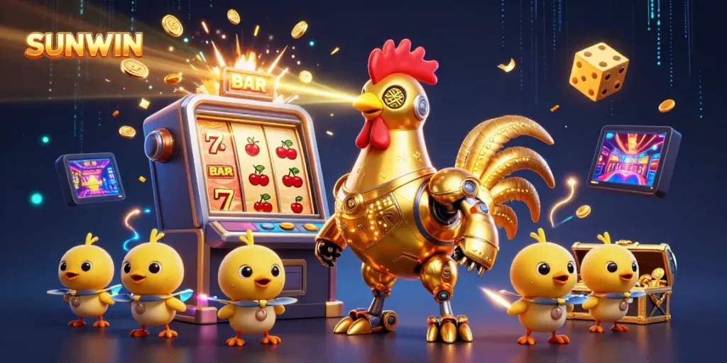 Experience the excitement of SUNWIN with a vibrant display of casino elements, jackpot action, and dynamic gaming characters.