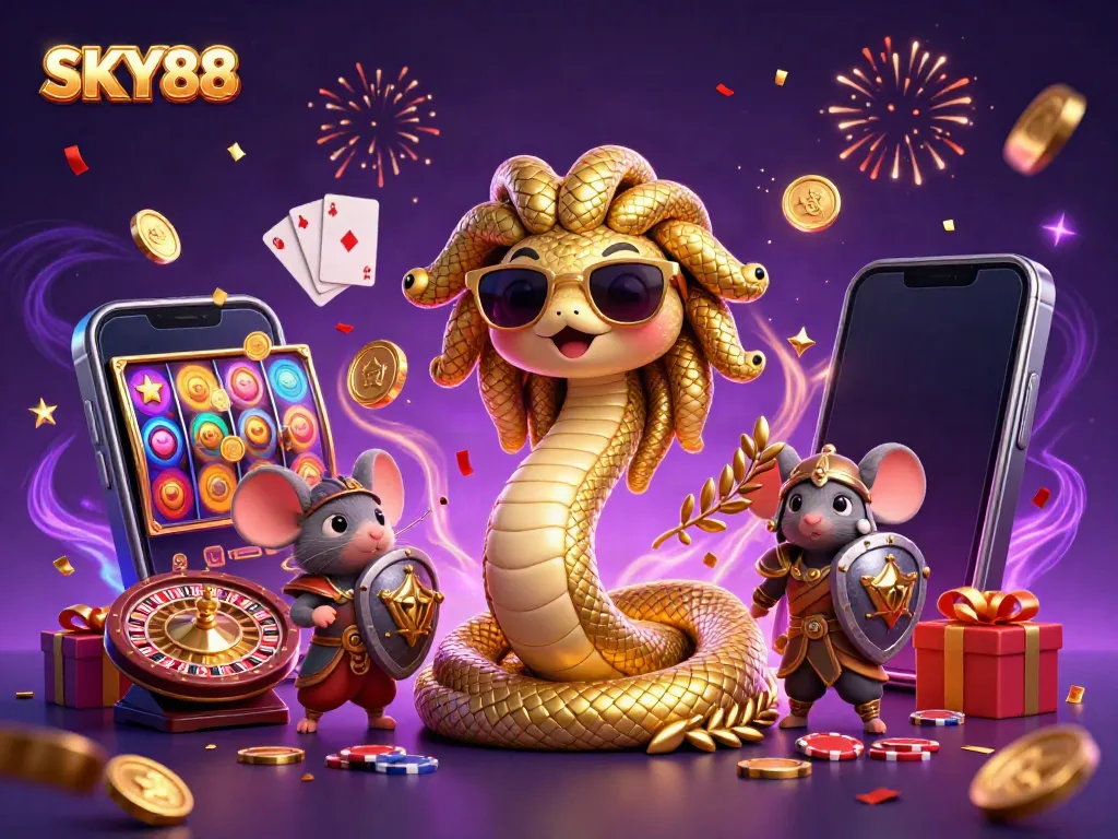 Experience the excitement at SKY88 with a friendly Medusa and a warrior mouse surrounded by colorful casino elements.
