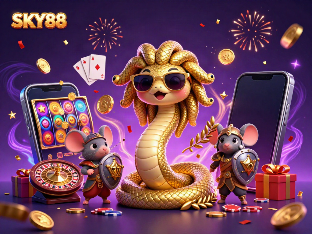 Experience the excitement at SKY88 with a friendly Medusa and a warrior mouse surrounded by colorful casino elements.