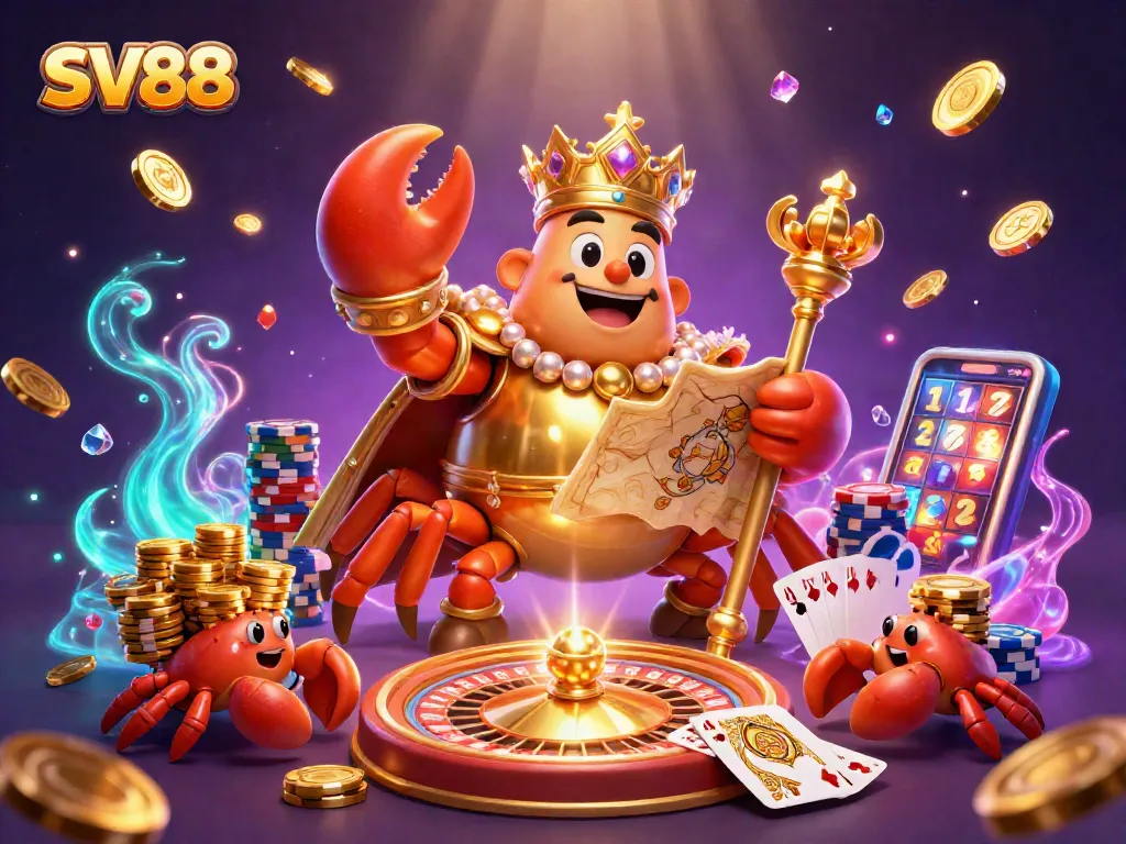 Win big with SV88 in a vibrant casino-themed illustration featuring a golden crab emperor.