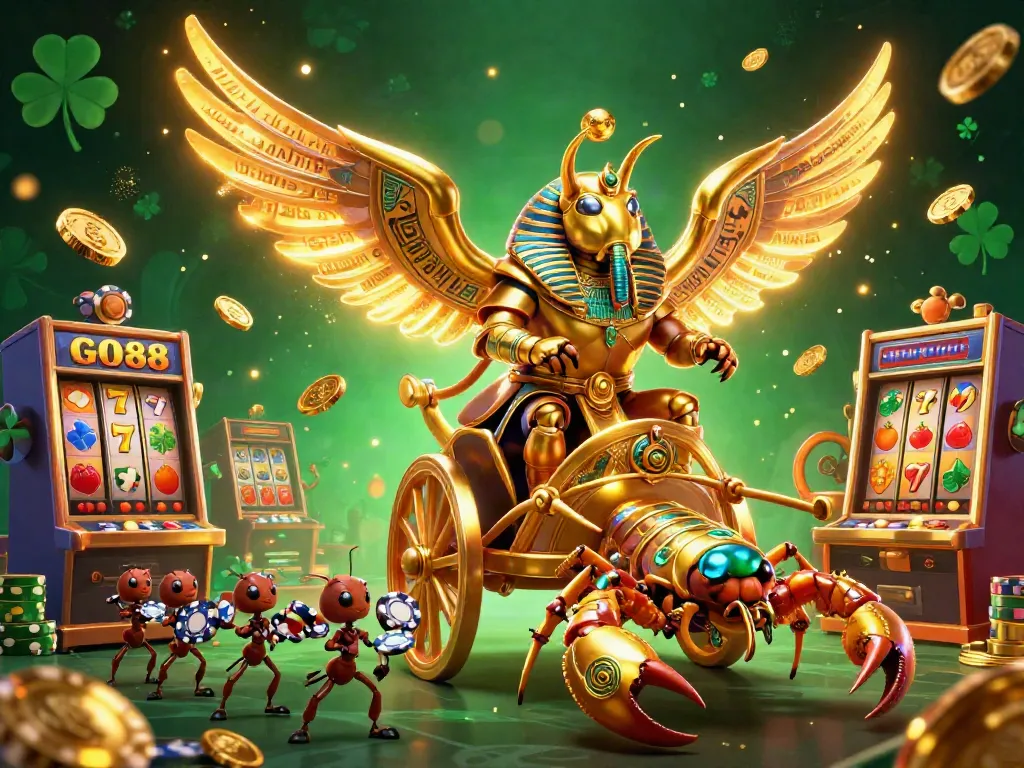 Experience GO88 action with a vibrant scene of a pharaoh beetle, scorpions, and jackpot elements.