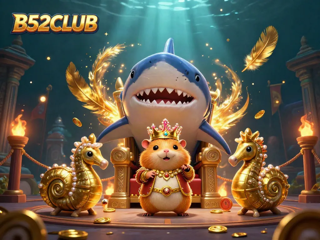 B52CLUB offers an exciting scene of a hamster king and royal guards amid gambling action.