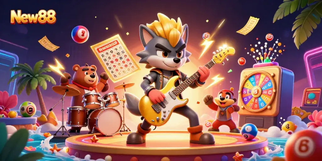 Experience spectacular gameplay at New88 with an electrifying casino scene featuring vibrant lottery elements.