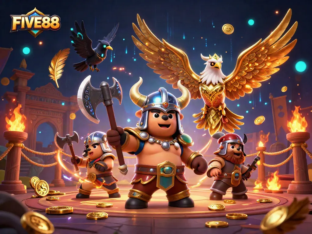 Experience thrilling action at FIVE88 with Viking characters amidst dynamic casino elements.