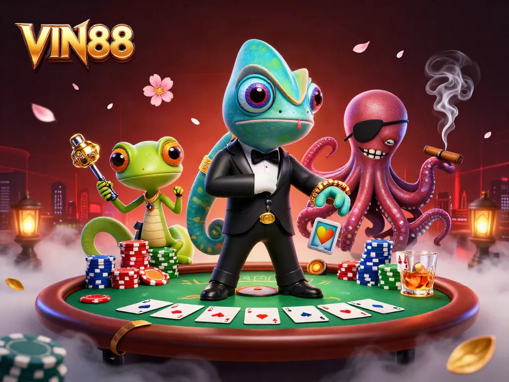 Experience thrilling gameplay at VIN88 with a secret agent chameleon and poker elements.