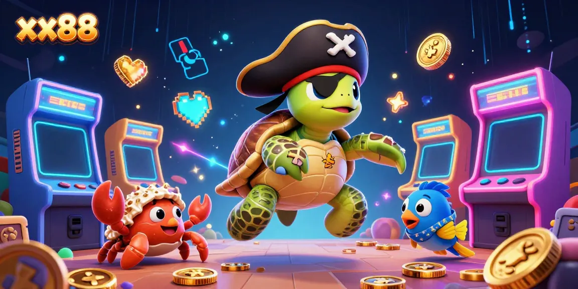 Join the fun at xx88 with vibrant cartoon characters amid arcade games and casino treasures.
