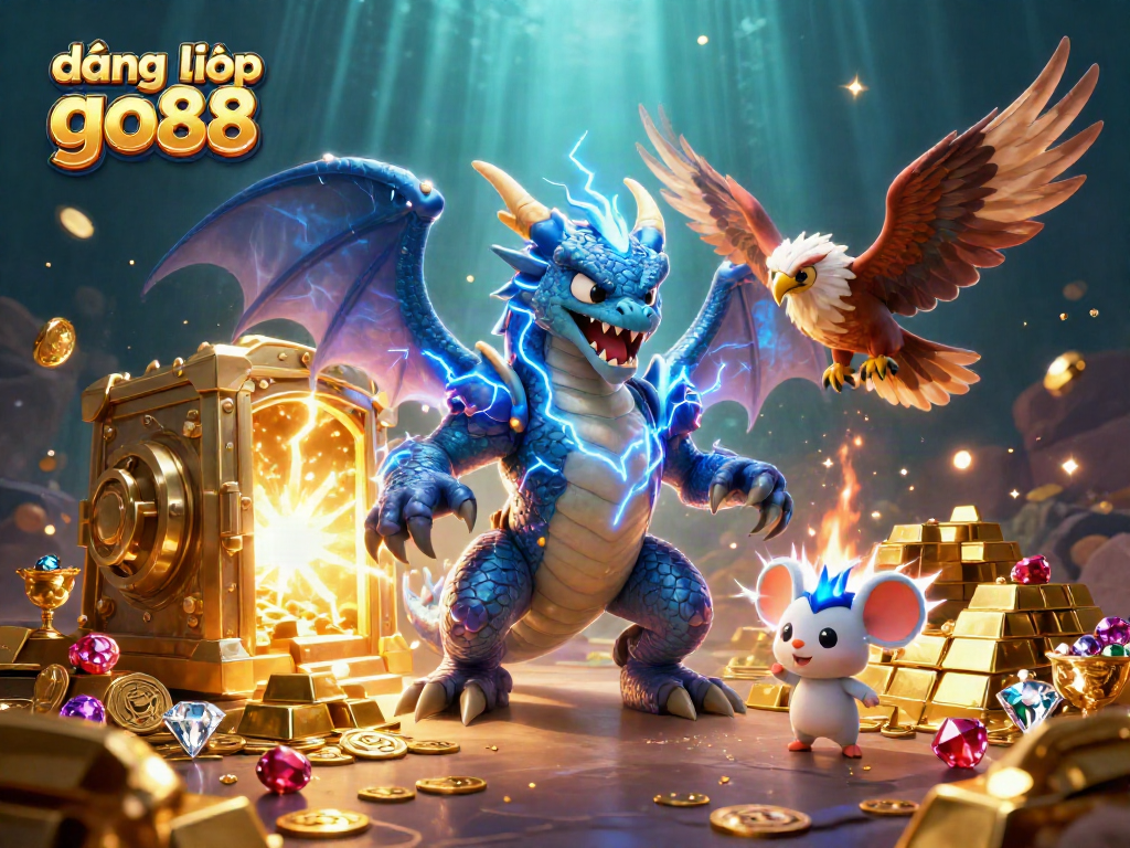 Experience the excitement of đăng nhập go88 with a vibrant, dynamic 3D casino illustration filled with treasures.