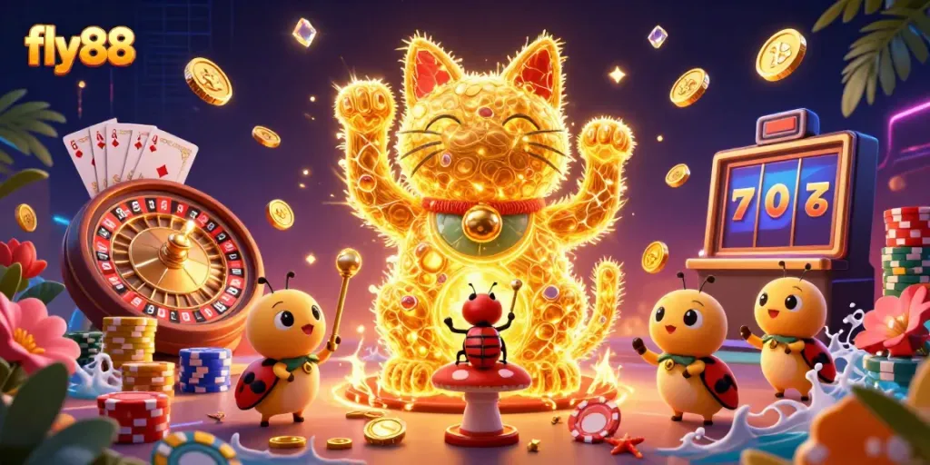 Experience the thrill of the fly88 casino with a vibrant lucky cat illustration and dynamic game elements.