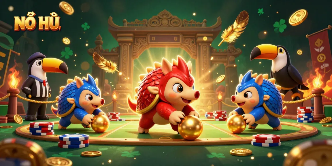 Experience the thrill of NỔ HŨ as pangolins roll golden balls amidst a colorful gaming battle.