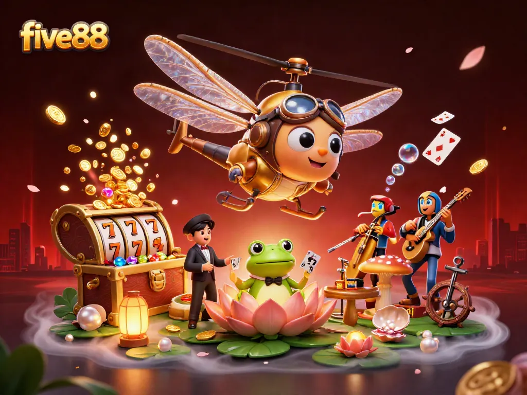 Play with five88 at a vibrant lily pad casino featuring engaging characters and slot elements.