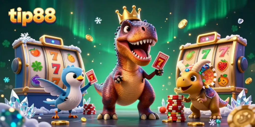Engage with tip88 in a vibrant casino scene featuring a friendly dinosaur shuffling cards.