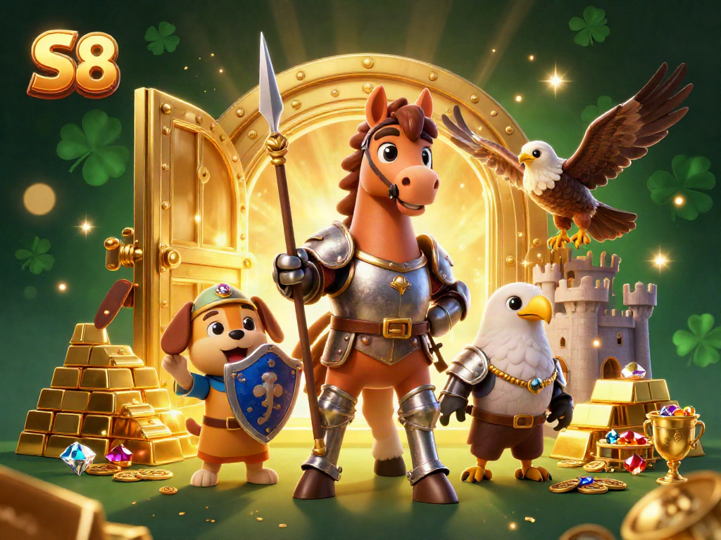 S8 gamers celebrate jackpot wins amidst a colorful casino fantasy scene with knights and treasure.