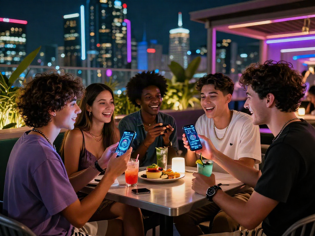Engaging urban nightlife with young adults exploring 18+ ai technology at a rooftop bar.