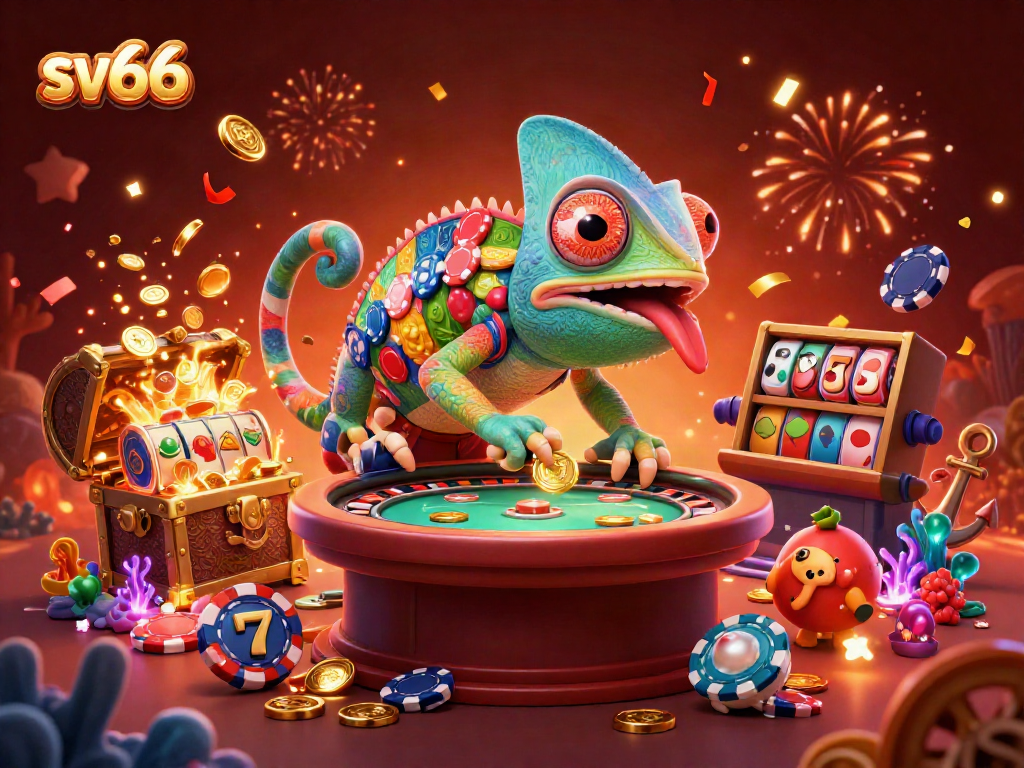 Experience thrilling gaming action with sv66, the vibrant chameleon casino owner, amidst treasure-filled adventures.