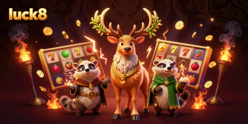 Experience the thrilling excitement of luck8 at a vibrant casino scene with slot reels and dynamic characters.