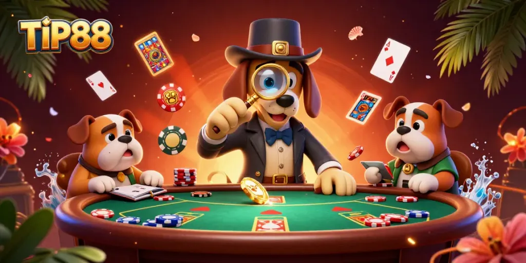 Join the fun with TIP88 as the detective uncovers poker treasures in a vibrant casino scene.