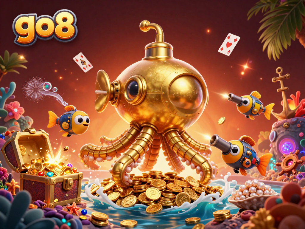 Engage with the go8 golden kraken submarine amidst an explosion of coins and vibrant underwater elements.