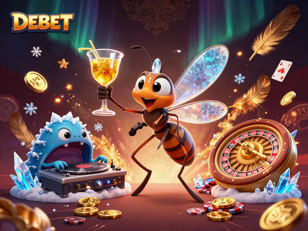 Engage with DEBET at the casino featuring a lively 3D illustration of unique characters and vibrant elements.
