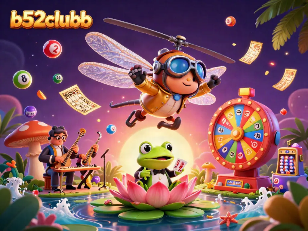 Engage in exciting games at b52clubb with dynamic scenes of a dragonfly pilot and frog croupier.