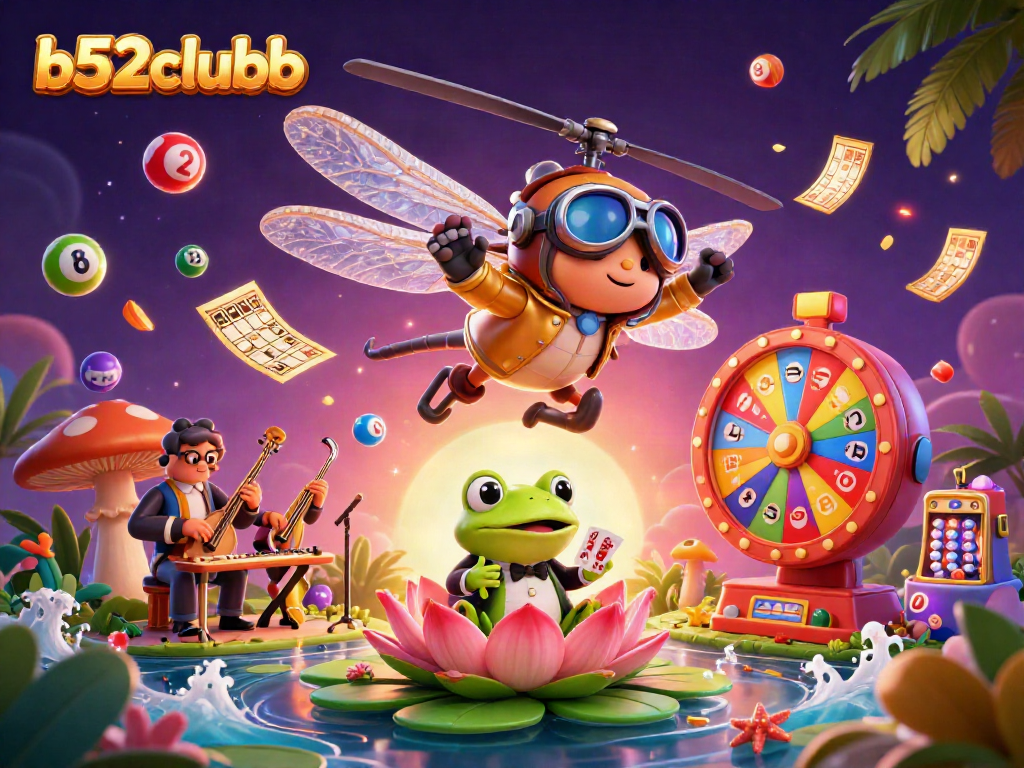 Engage in exciting games at b52clubb with dynamic scenes of a dragonfly pilot and frog croupier.
